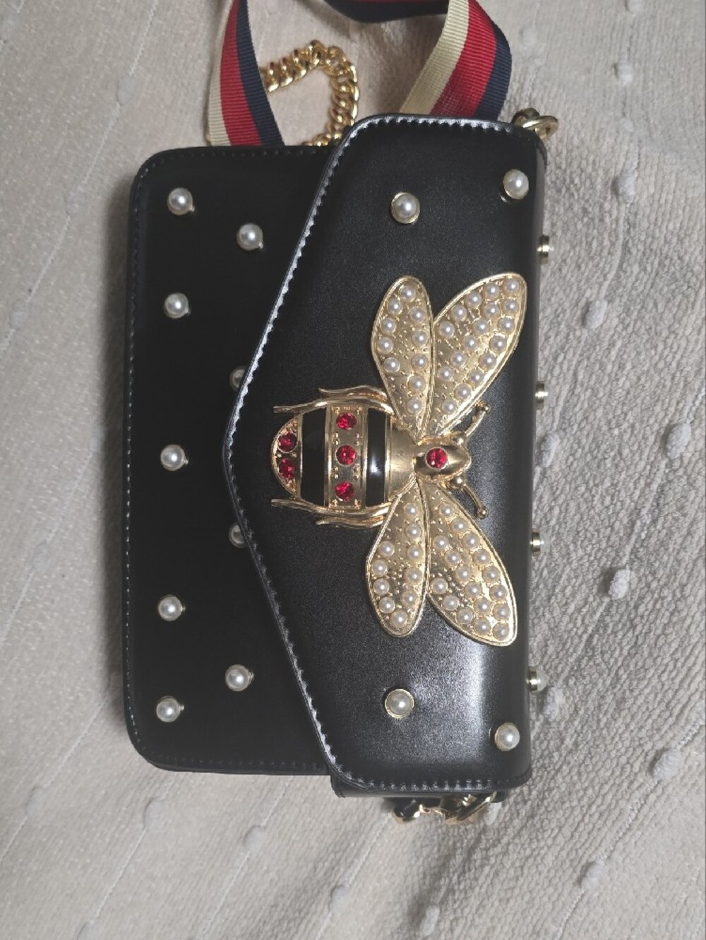 Black Chain Shoulder Bag with Gold Bee Accent